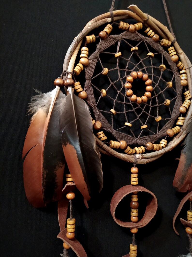 Dreamcatcher with many beads, unusual web weaving, Leather Decore, Natural feathers, Brown wall hanging image 2