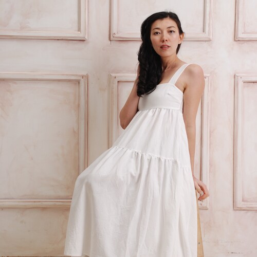 linen summer wedding dresses Wrap Dress in White, Linen Dress, Linen Clothing for Women, L / Cream (picture) adjustable straps Linen wedding dress Crystal