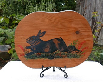 Vintage Wooden Hanging Artwork with Painted Etched Rabbit by R Duffield, Woodland Art Print, Art for Childs Room, Yorkshire, 1970's Decor