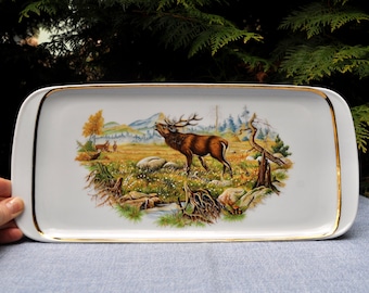 1980's Deer / Moose Porcelain Cake Plate / Serving Platter - AK Kaiser, Whimsical Style,  Rectangular, Cottagecore Kitchen, Butter Board