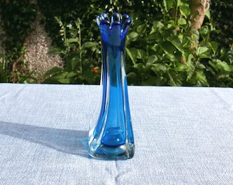 1970's Small Blue Murano Glass Vase, Glass Finger Vase, Handblown Glass Vase, Mid Century Vase, Retro 70's Vase, Venetian Glass Vase 19.5cm