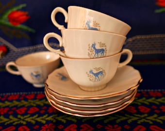 2 x Vintage Swedish Blue Deer Coffee Cups Saucers / Vintage Kitchen / Deer Gifts For Women Childrens Tea Cup Woodland Kitchen Decor