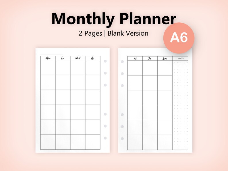 A6 Monthly Planner Blank Version 2 Pages Undated Without - Etsy