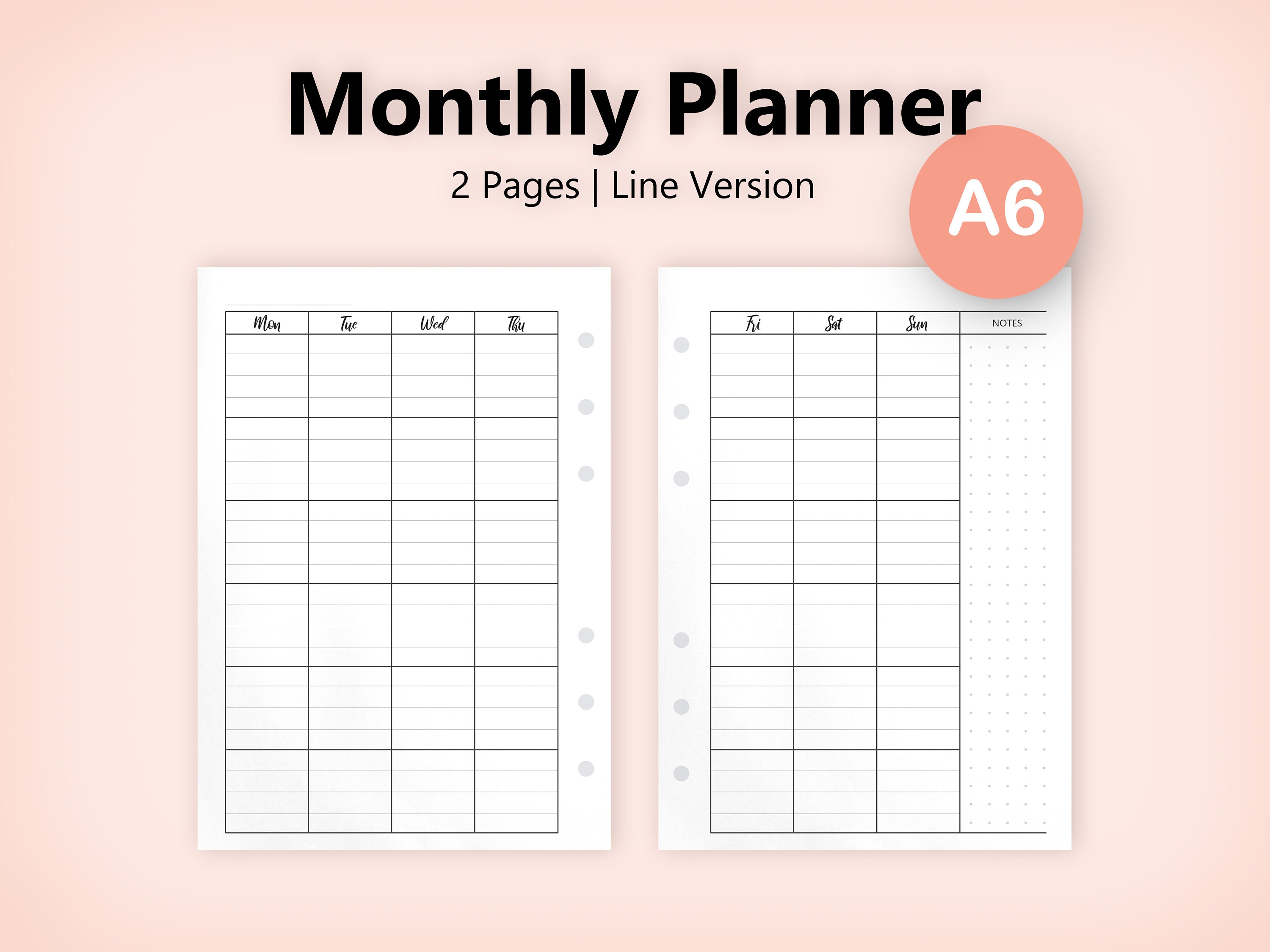 A6 Monthly Planner Line Version 2 Pages Undated Without Etsy