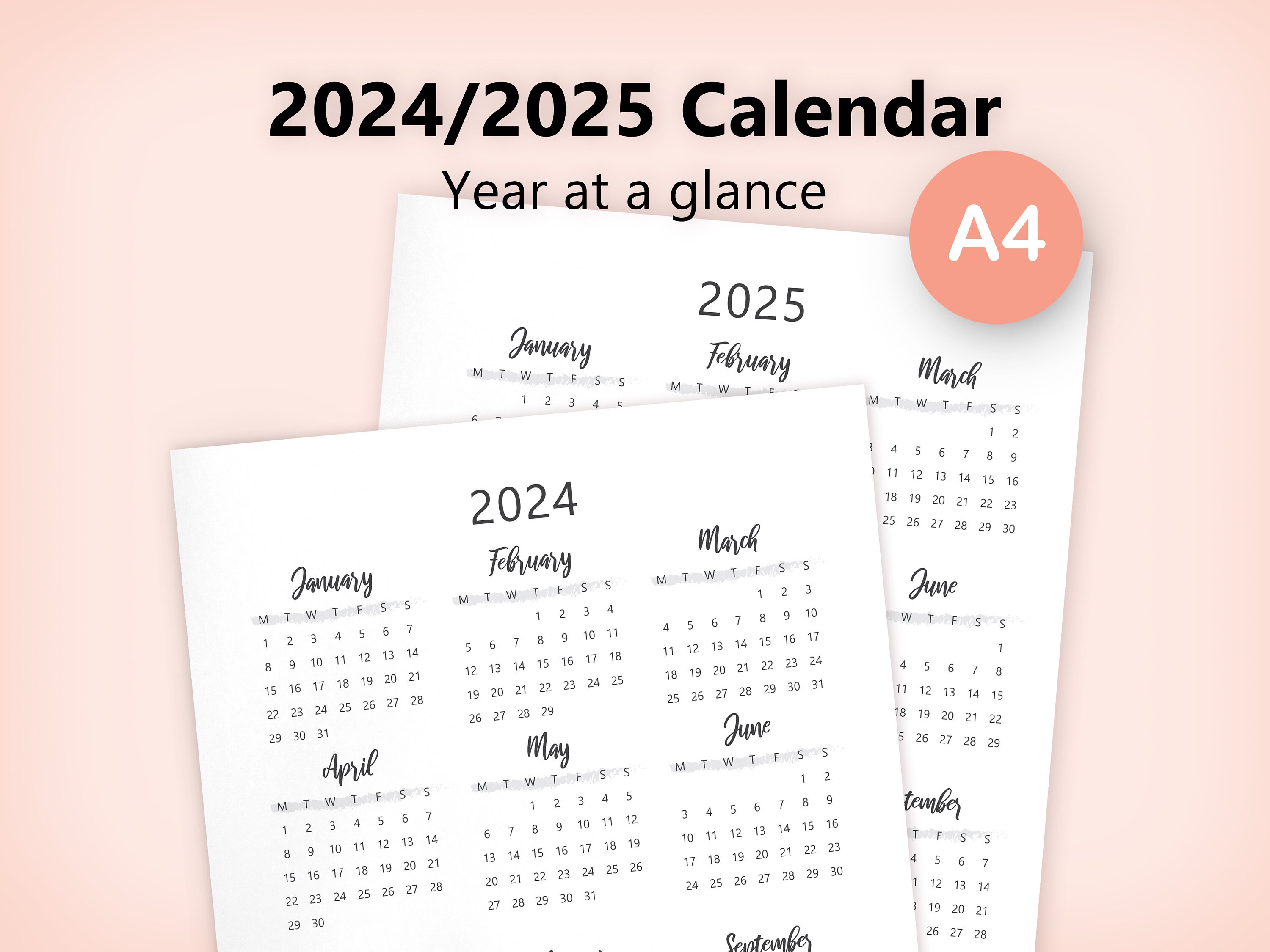 A4 2024 2025 Yearly Calendar Year at a Glance Printable - Etsy