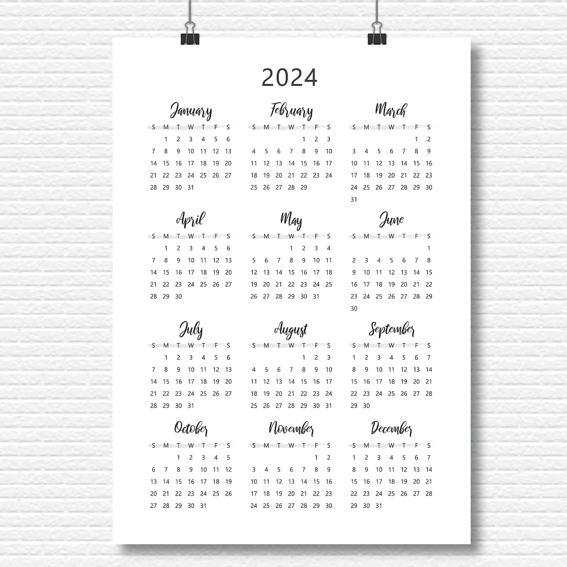 A2 2024 yearly calendar year at a glance printable yearly etsy