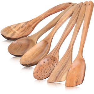 Wooden Spoons for Cooking Set of 5/6/9 Kitchen Wood Cooking Utensils, Serving Spoons, Salad Spoon, Salad Fork, Skimmer and Spatula Spoons