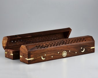 Handmade Wooden Incense Stick Holder/Burner - Pack of 2 Rosewood Incense Stick Box Leaf Carved Ying Yang Incense Cone Holder