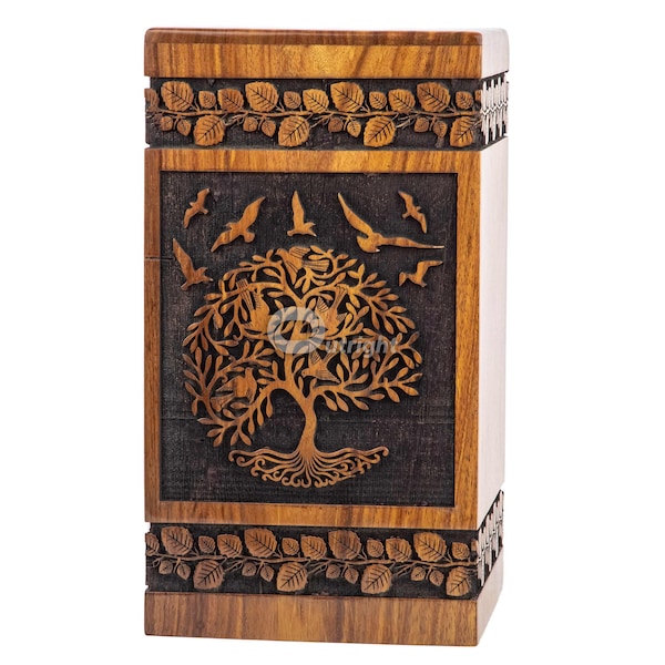 Urne en palissandre faite à la main pour les cendres humaines - Boîte en bois Tree of Life - Urne de crémation personnalisée pour les cendres Fabriquée à la main - Grande boîte d’urne en bois