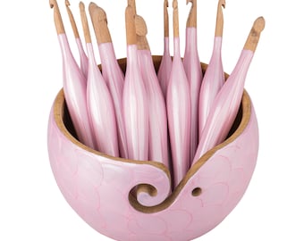 Large Wooden Yarn Bowl and Crochet hooks Set for Knitting and Crocheting - Beautiful Pink Yarn Bowl and Crochet Hook Complete Set for Mom