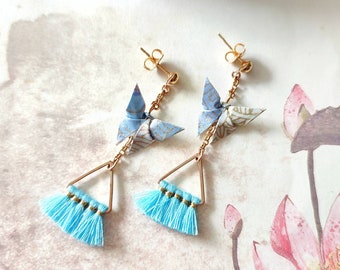 Origami ear studs, Japanese paper, blue washi butterfly, gift for her