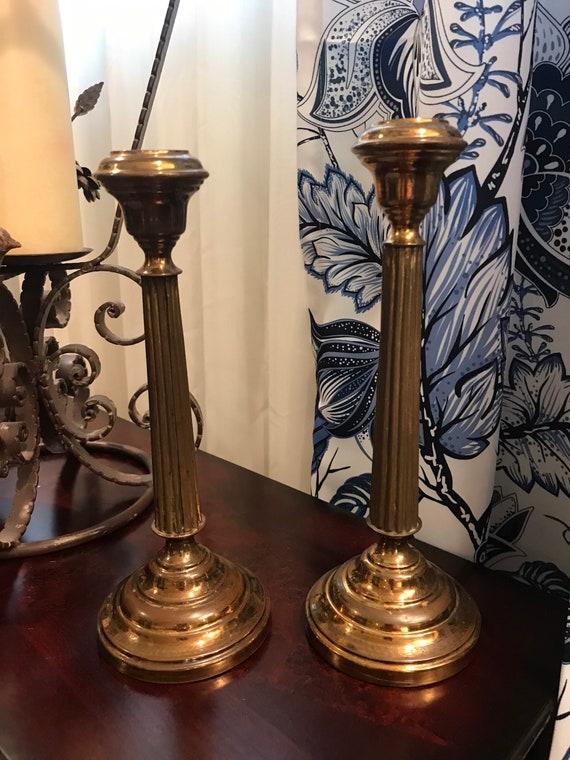Pair of Brass Column Pillar Vintage Candlesticks