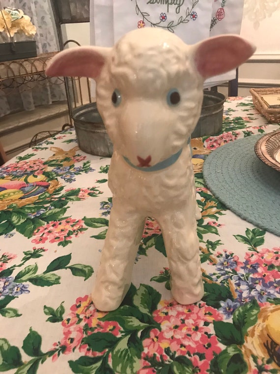 Hull Pottery Baby Lamb Planter Blue Bow