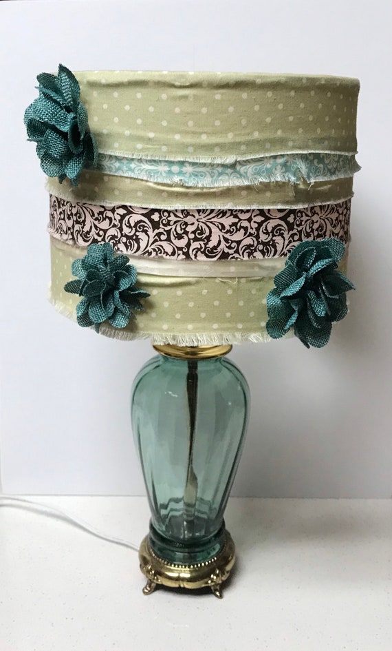 Pretty Teal Glass & Brass Lamp with Embellished Shade