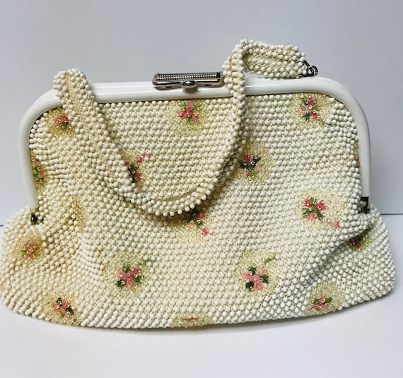 Vtg Purse Art Deco Bakelite Lucite Beaded Hard Clam Shell Clutch White Ivory with Florals