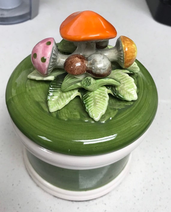 Vintage Arnhart Ceramic Canister With Ceramic Mushrooms On Lid RARE