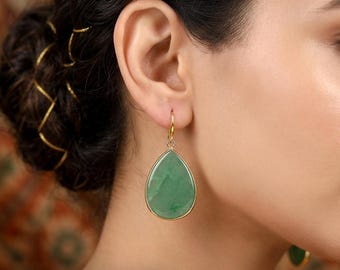 Teardrop Gemstone Earrings, Rose Quartz, Green Jade, Gold Bezel Dangle, Hypoallergenic Wire