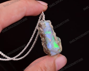 Ethiopian Opal Pendant Necklace, Raw Gemstone, Sterling Silver