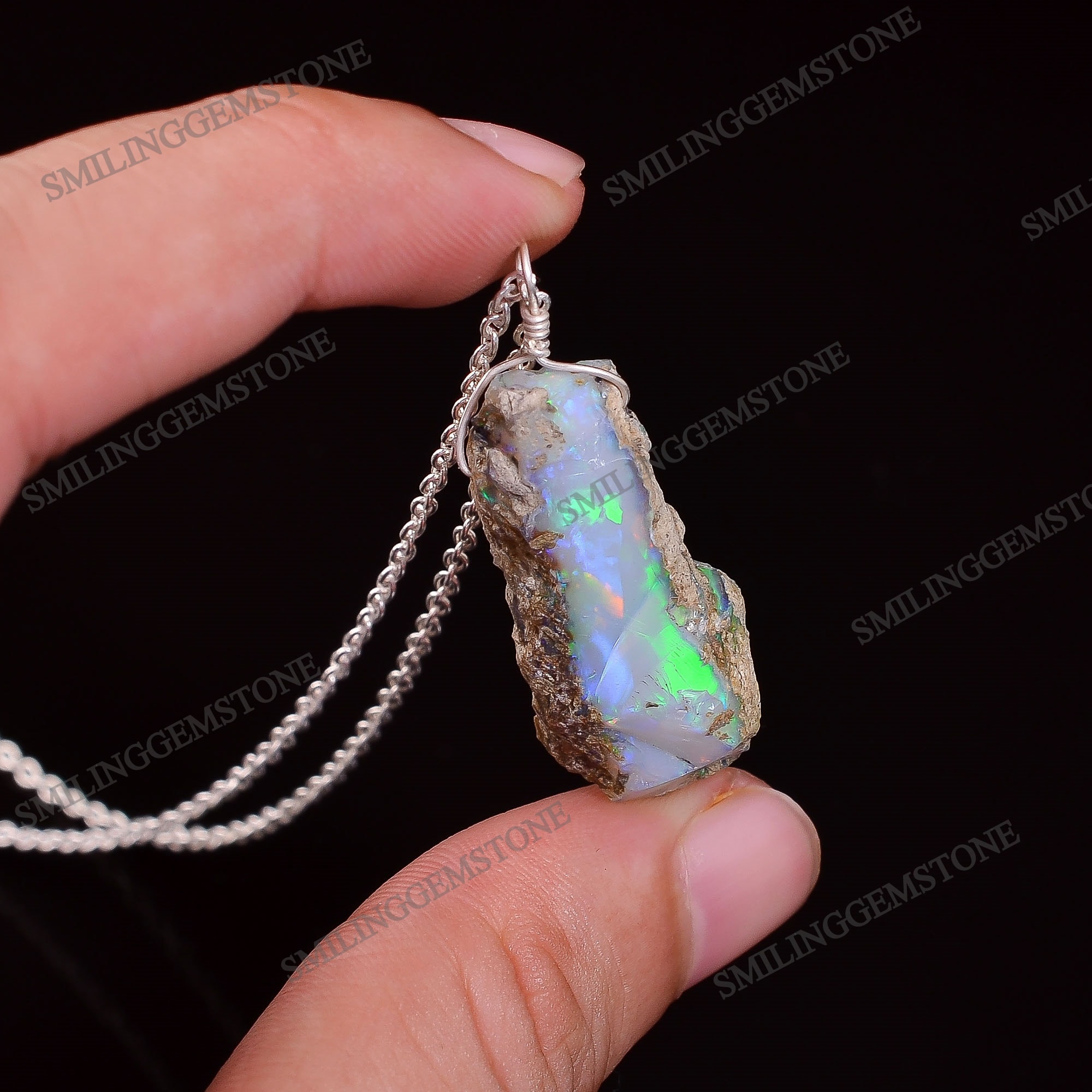 Natural Opal Necklace 925 Sterling Silver Long Raw Opal Pendant