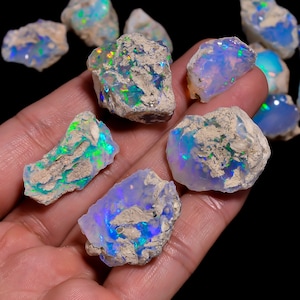 May include: A collection of rough opal gemstones in various shades of blue, green, and white. The opals are set in a matrix of gray rock.