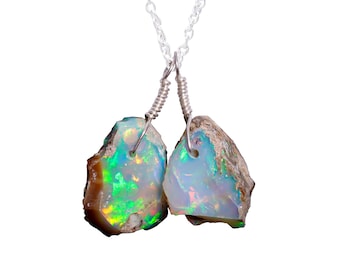Raw Ethiopian Opal Pendant Necklace, Silver Plated Gemstone Jewelry
