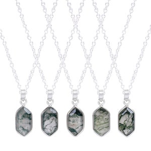 Natural Moss Agate Gemstone Pendant Necklace, Flat Step Cut Hexagon Shape Brilliant Semi Precious Stone, 925 sterling silver Gift Jewelry