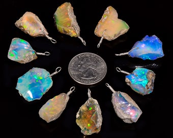 Natural Raw Ethiopian Opal Pendant Necklace, Healing Crystal Silver Plated Jewelry