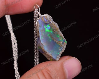 925 Sterling Silver Raw Opal Pendant Necklace, Real Ethiopian Opal Rough, 100% Natural Crystals, Fire Play Gemstone Gift Jewelry 18 inch