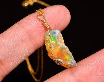 Natural Raw Opal Pendant Necklace, Real Ethiopian Opal Rough, 100% Natural Crystals Gold Plated , Fire Play Gemstone Gift Jewelry 18 inch