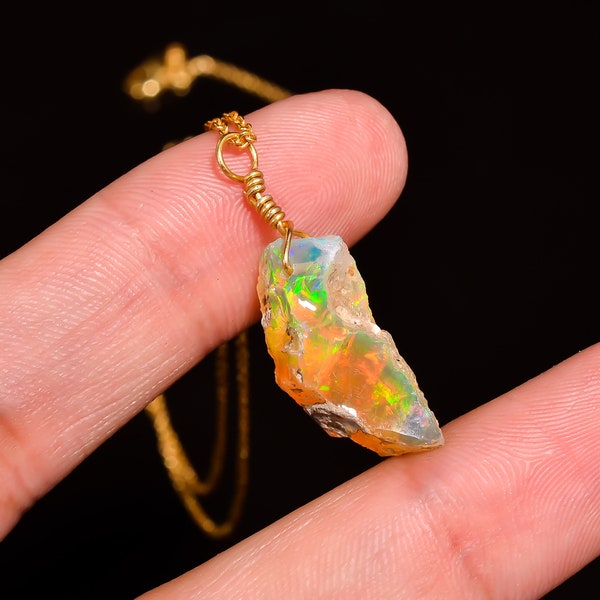 Natural Raw Opal Pendant Necklace, Real Ethiopian Opal Rough, 100% Natural Crystals Gold Plated , Fire Play Gemstone Gift Jewelry 18 inch