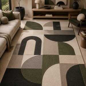 Hand Tufted Wool Area Rug, Modern Geometric Abstract Rug, Neutral Olive Green Living Room Rug, Contemporary Decor