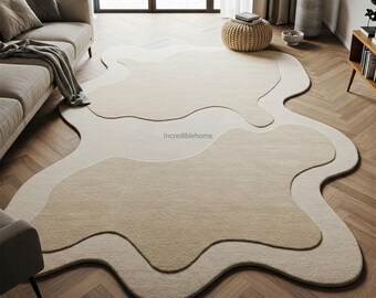 Hand Tufted Wool Area Rug, Beige Abstract Irregular Shape, Modern Style