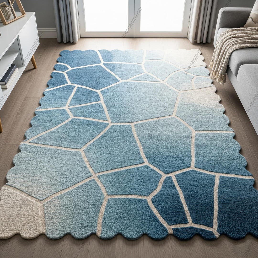 Blue off White Abstract Geometric Hand Tufted Textured Rugs for Bedroom ...