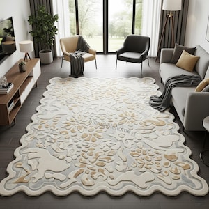 Hand Tufted Wool Rug: Wavy Design, Light Grey & Beige
