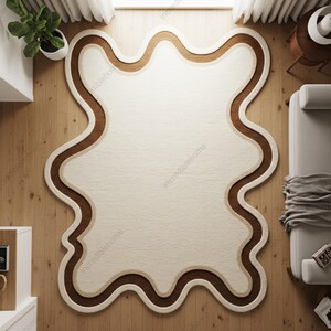Off White Brown Irregular Abstract Hand Tufted Wool Area Rugs for Living Room, Modern Organic Shape Sculptural Rug, Minimalist rugs