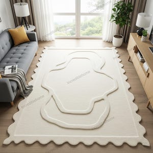 Off White Abstract Scalloped Hand Tufted Wool Rugs For Living Room, Modern Handmade 8x10 9x12 Bedroom Rugs, Custom Kitchen Dining Area Rugs