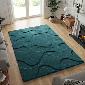Hand-Tufted Teal Wool Rug: Abstract Textured Modern Design