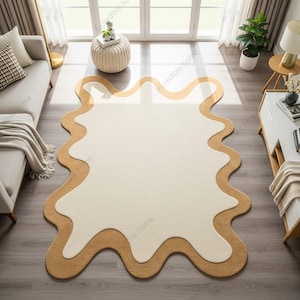 Off White Brown Irregular Abstract Hand Tufted Organic Shape Soft Cozy Designer Wool Area Rugs for Bedroom Living Room, Modern Custom Rug