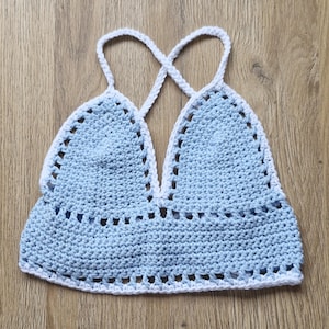 Crochet Crop Top in Light Blue with White Straps, Size XS