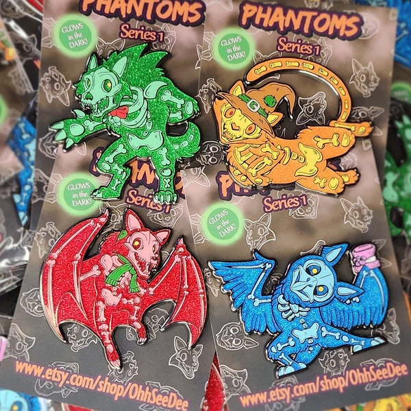 Halloween Phantom Skeleton Animal Enamel Glitter Glow Pins Cat Werewolf Bat Owl  Stickers