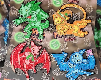Halloween Phantom Skeleton Animal Enamel Pins Glitter Glow Cat Werewolf Bat Owl