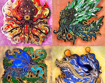 Elemythicals Series 2 Kraken Fantasy Enamel Pin Set Fire Earth Water Air