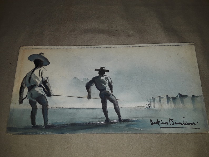 Vintage 1970s pen and ink and watercolor combination
