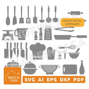 Pode incluir: Uma coleção de ícones de utensílios de cozinha cinzentos, incluindo facas, panelas, frigideiras, um batedor, um ralador e um chapéu de chef. A imagem apresenta etiquetas cor de laranja com o texto INSTANT DIGITAL DOWNLOAD e MADE IN CASA SVG AI EPS DXF PDF.