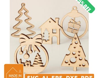 Kerstversieringen vectorafbeeldingen klaar om te snijden: SVG, PDF, EPS, DXF, AI. Lasergesneden MDF, hout, vinyl, papier, acryl, karton.