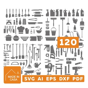 Puede incluir: Una colección de 120 iconos de silueta gris que representan diversas herramientas domésticas, de cocina y de jardín. La imagen incluye el texto 120, MADE IN CASA y SVG AI EPS DXF PDF. Los iconos están dispuestos en una cuadrícula sobre fondo blanco.