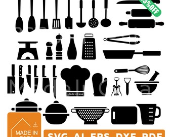 SVG-vectorset voor kookgereedschap | Keukengereedschap, snijden en graveren | Keukenclipart snijbestanden