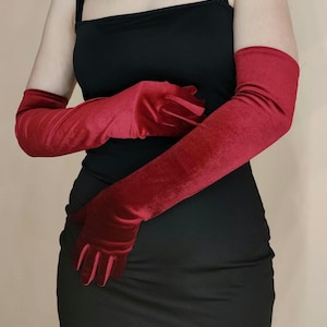 Long Dark Red Velvet Opera Gloves: Burgundy Costume Party Accessories
