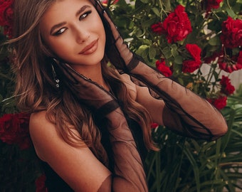 Black gloves, long gloves, long black gloves, tulle gloves, fashion gloves, party gloves, evening dress gloves, formal gloves
