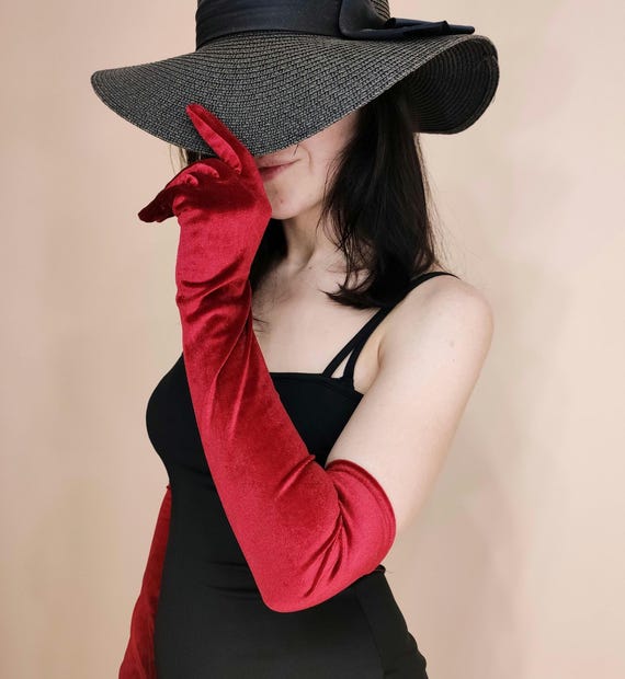 best gloves with a burgundy velvet dress BABARONI Long Sleeves Plunging V-Neck Velvet Dress With Slit Red, Red / US0 main image 1